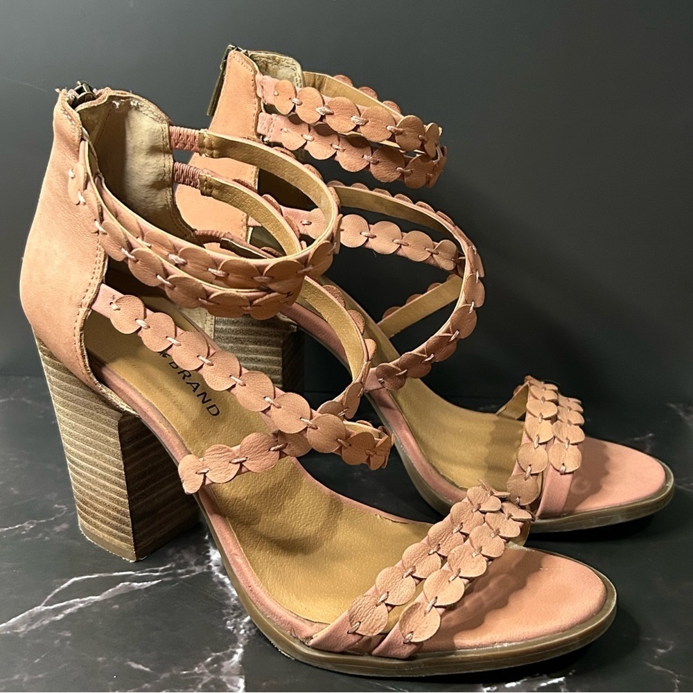 Lucky Brand Lamer Dessert Rose Pink Strappy Heeled Leather Sandals Size 9.5